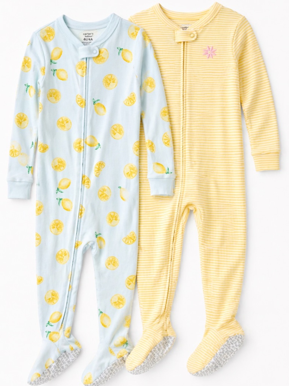 Carter’s Girls Footed Pajamas 4T Lemon Yellow Stripe‎ Zip Sleepers Bundle 2pc
